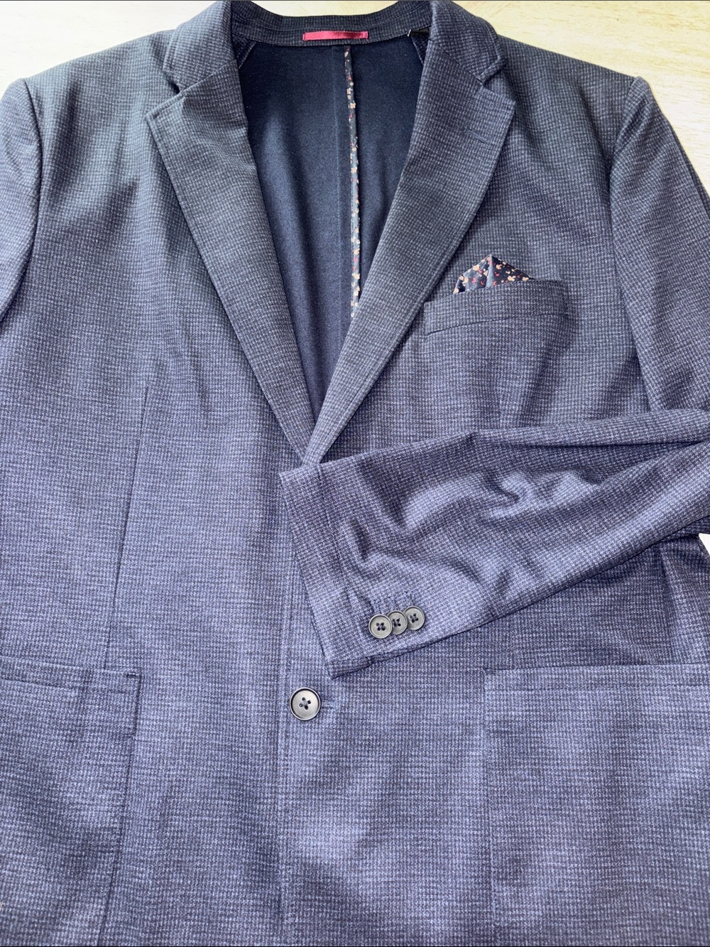 Johnston & Murphy Navy Textured Sport Coat with Patterned Pocket Square.